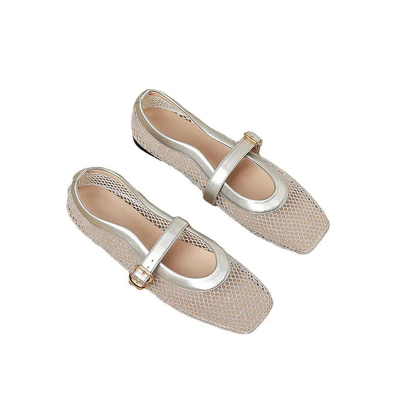 Women's mesh breathable summer shoes with buckle fastening and flat low heel