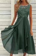 Women's sleeveless lace chiffon dress in green, purple, or blue with hollow-out stitching.
