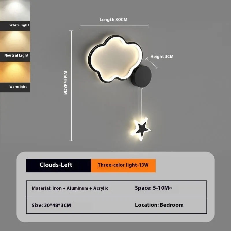 Children's cartoon cloud star wall lamp with LED light in black or white finish