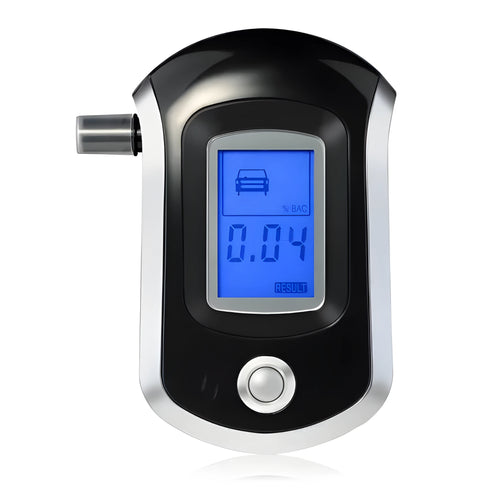 Black portable personal alcohol tester with digital screen and mouthpiece