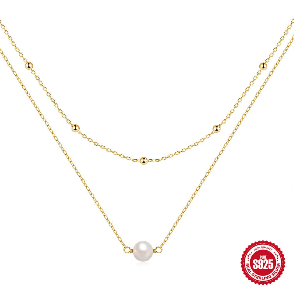 S925 sterling silver double layer twin pearl necklace in geometric design with ball bead chain