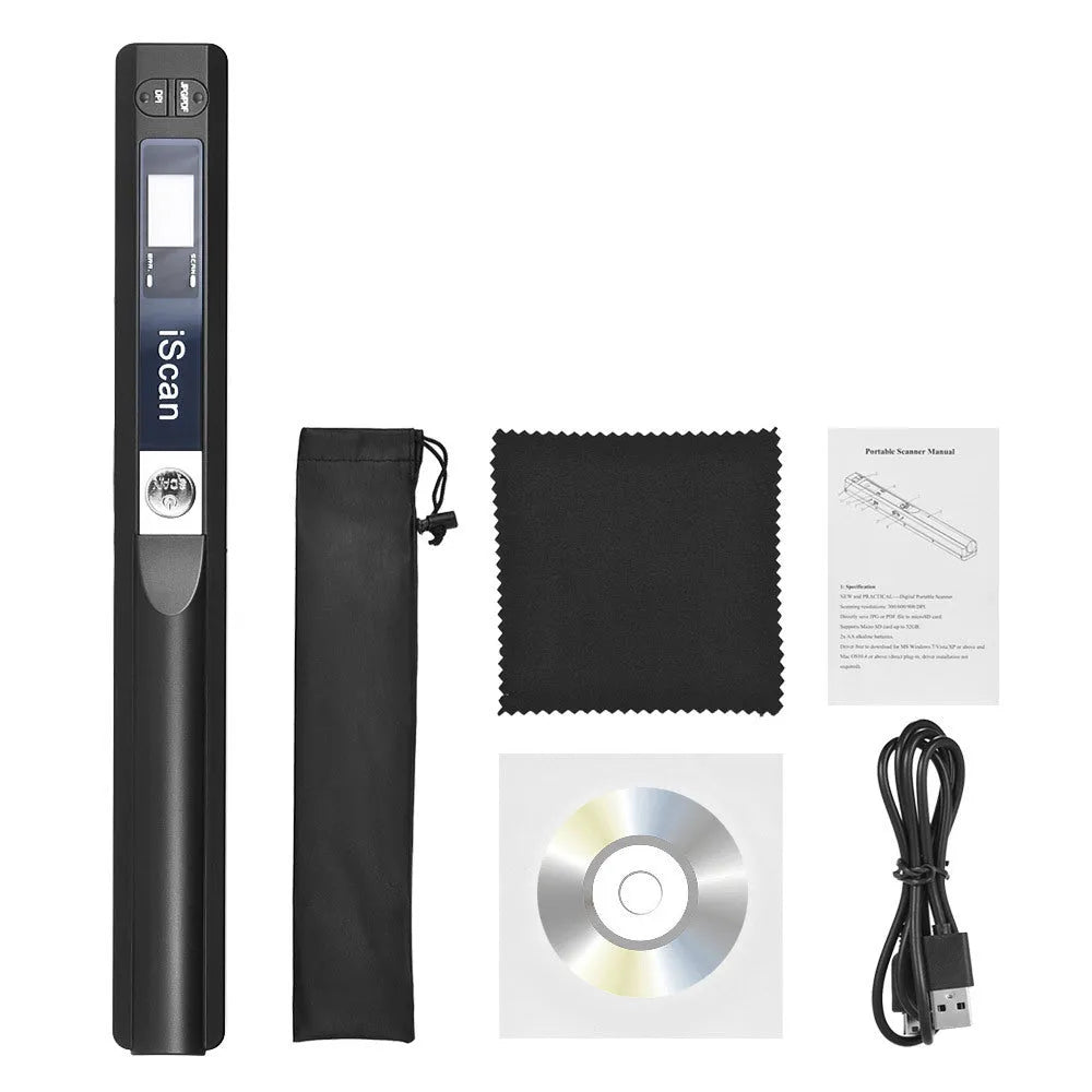 A handheld plastic barcode scanner shown in five colour options: black, blue, green, red, and silver.