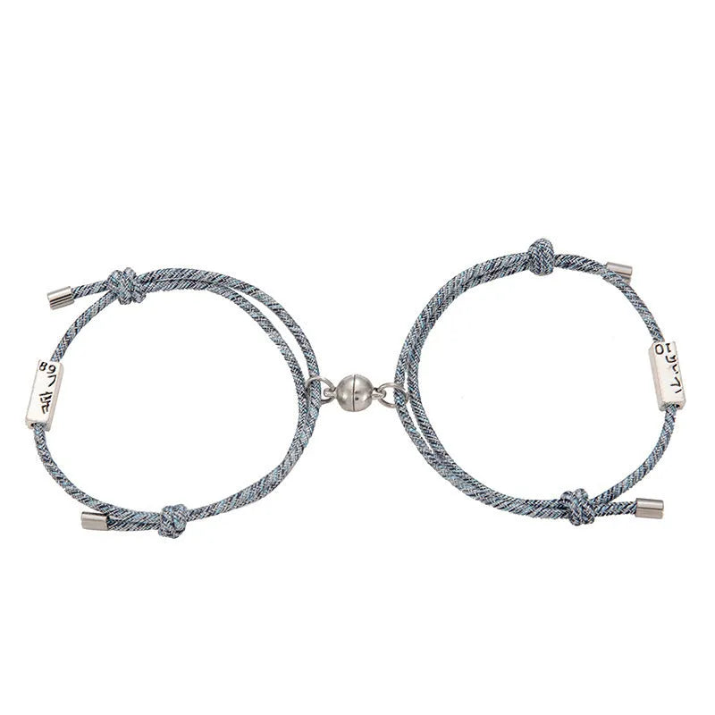 Alloy eachother couple bracelet set with magnetic buckle and carved mountains and rivers charm, adjustable size, colour beige black