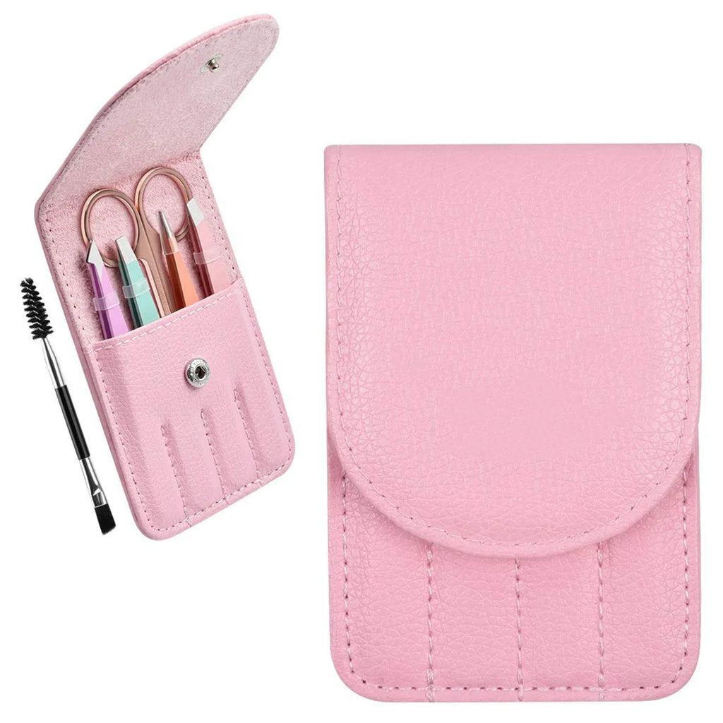 Professional six-piece stainless steel eyebrow tweezers set with curved scissors and leather case.
