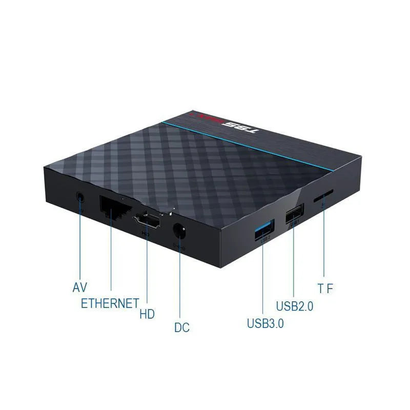 Black T95 Max Plus Android TV box unit with remote, showing UK power plug variant.