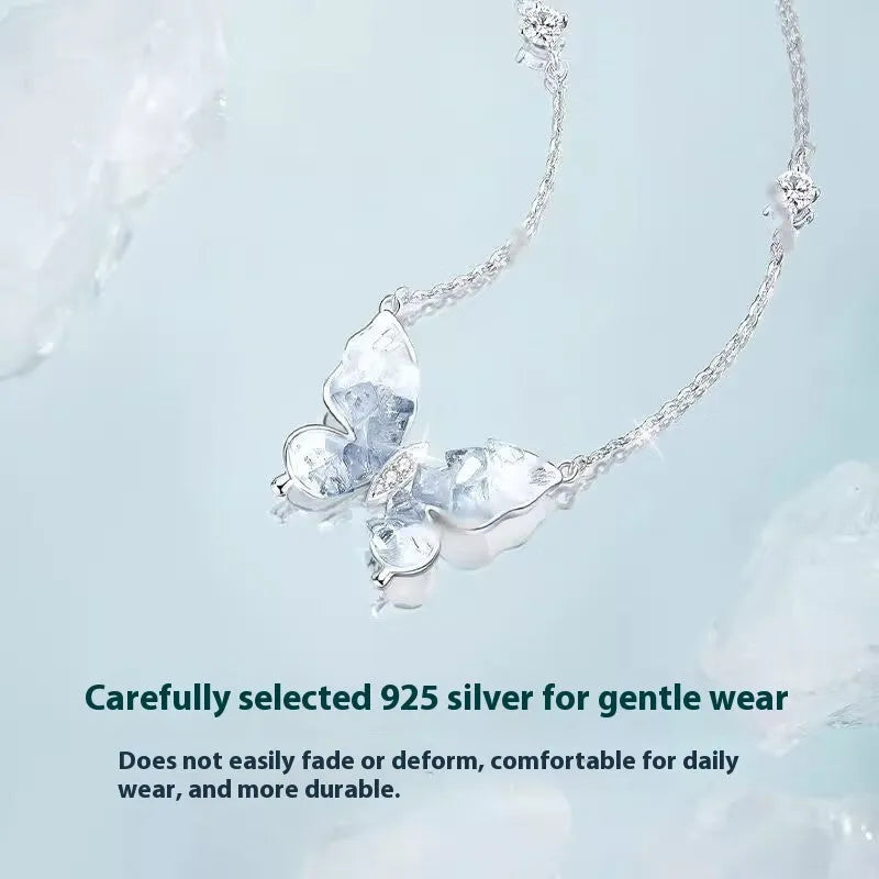 Bingyu Butterfly Necklace with ice rain design on S925 silver chain, adjustable 41-50cm length