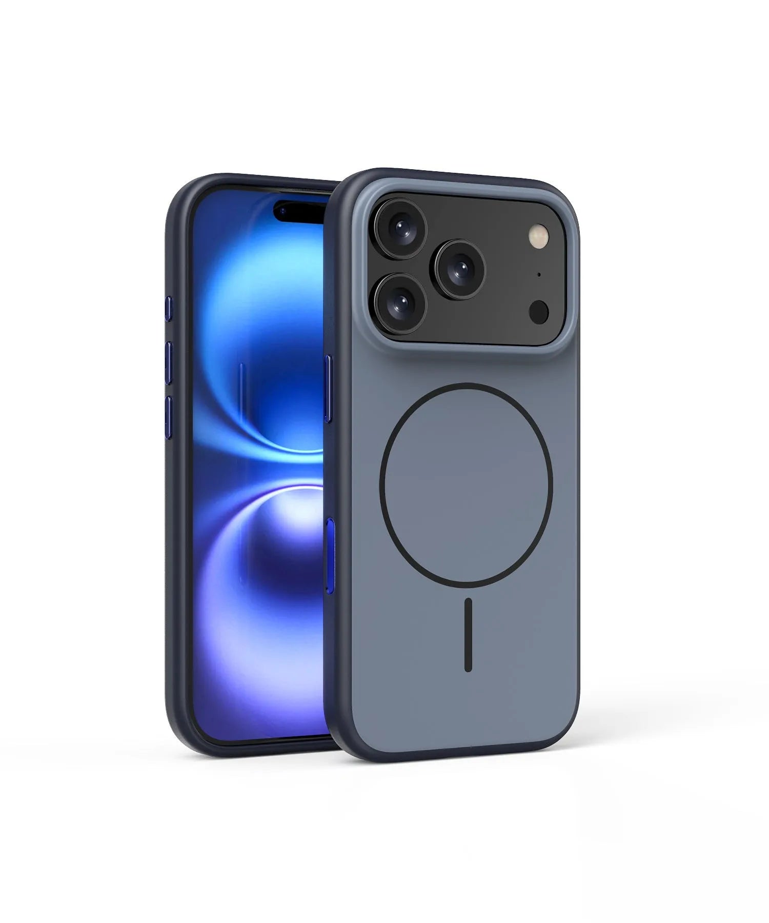 Frosted magnetic phone case for iPhone with a contrasting coloured AI photography button on the side.