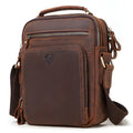 Men's brown genuine Crazy Horse leather crossbody bag with a single shoulder strap and retro sewing detail.