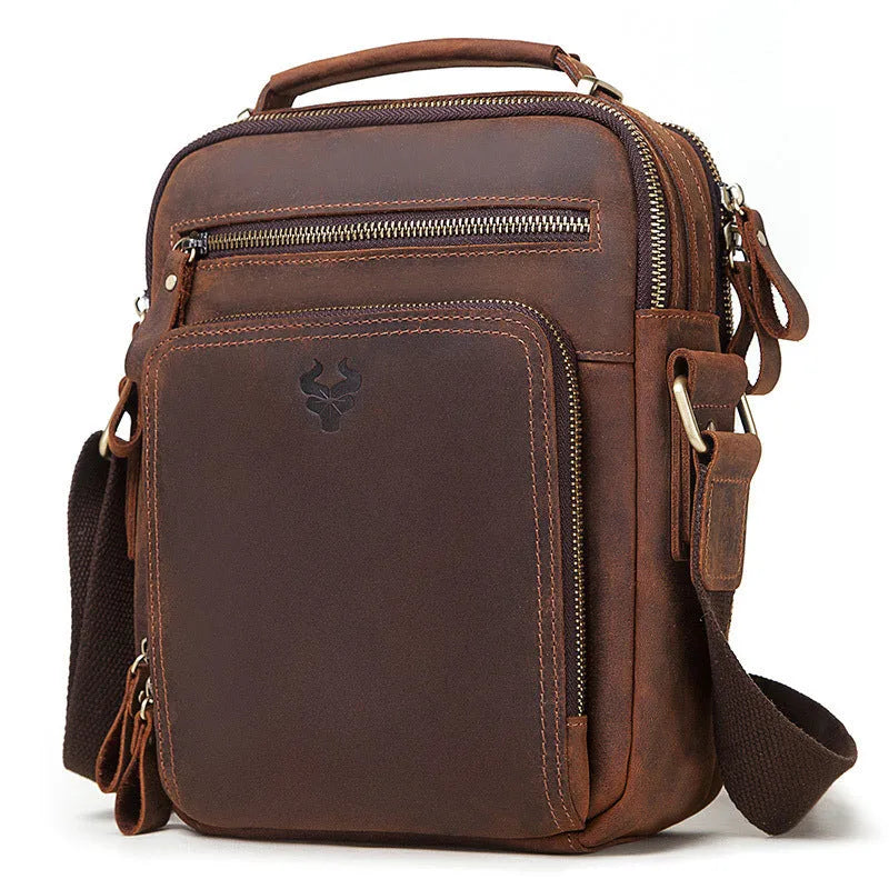 Men's brown genuine Crazy Horse leather crossbody bag with a single shoulder strap and retro sewing detail.