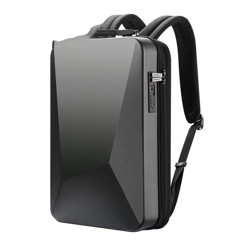 Hard shell gaming backpack with lock showing dedicated computer and phone compartments