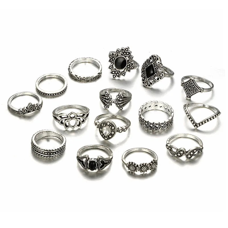 Bohemian retro crystal flower and lotus ring set for women, alloy with gems, silver tone, on display