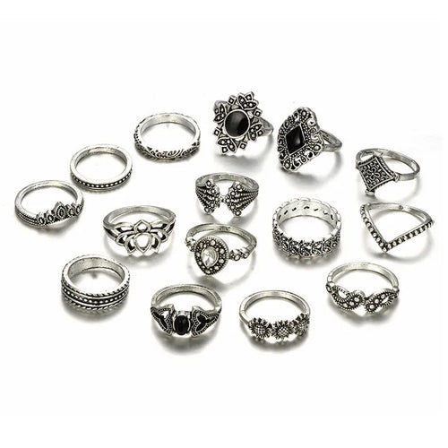 Bohemian retro crystal flower and lotus ring set for women, alloy with gems, silver tone, on display