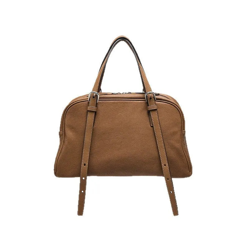 Women's genuine leather retro shoulder bag in horizontal square shape with double joint straps