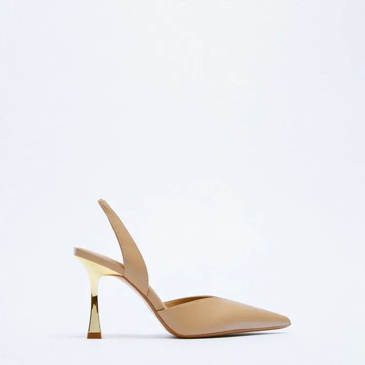 Women's nude patent leather pointed high heels in black and apricot colours with shallow mouth design
