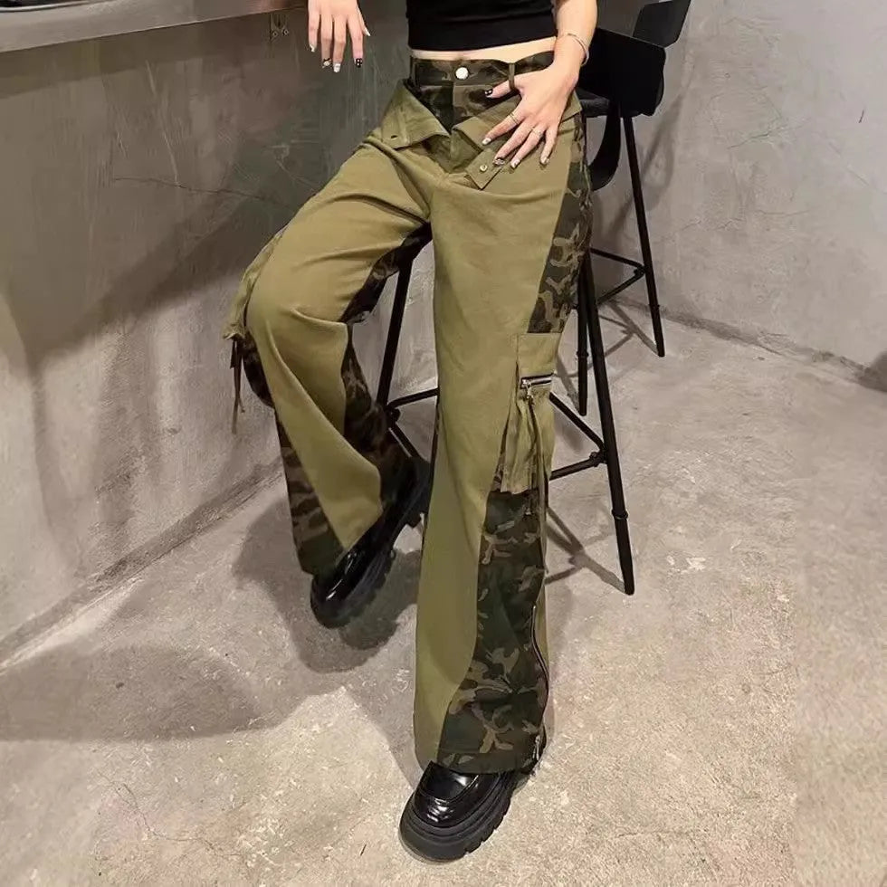 Women's dark khaki leopard print high-waist jeans with tooling style stitching and straight leg
