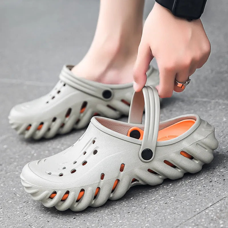 Men's beige EVA slippers sandals with hollow-out design and round toe