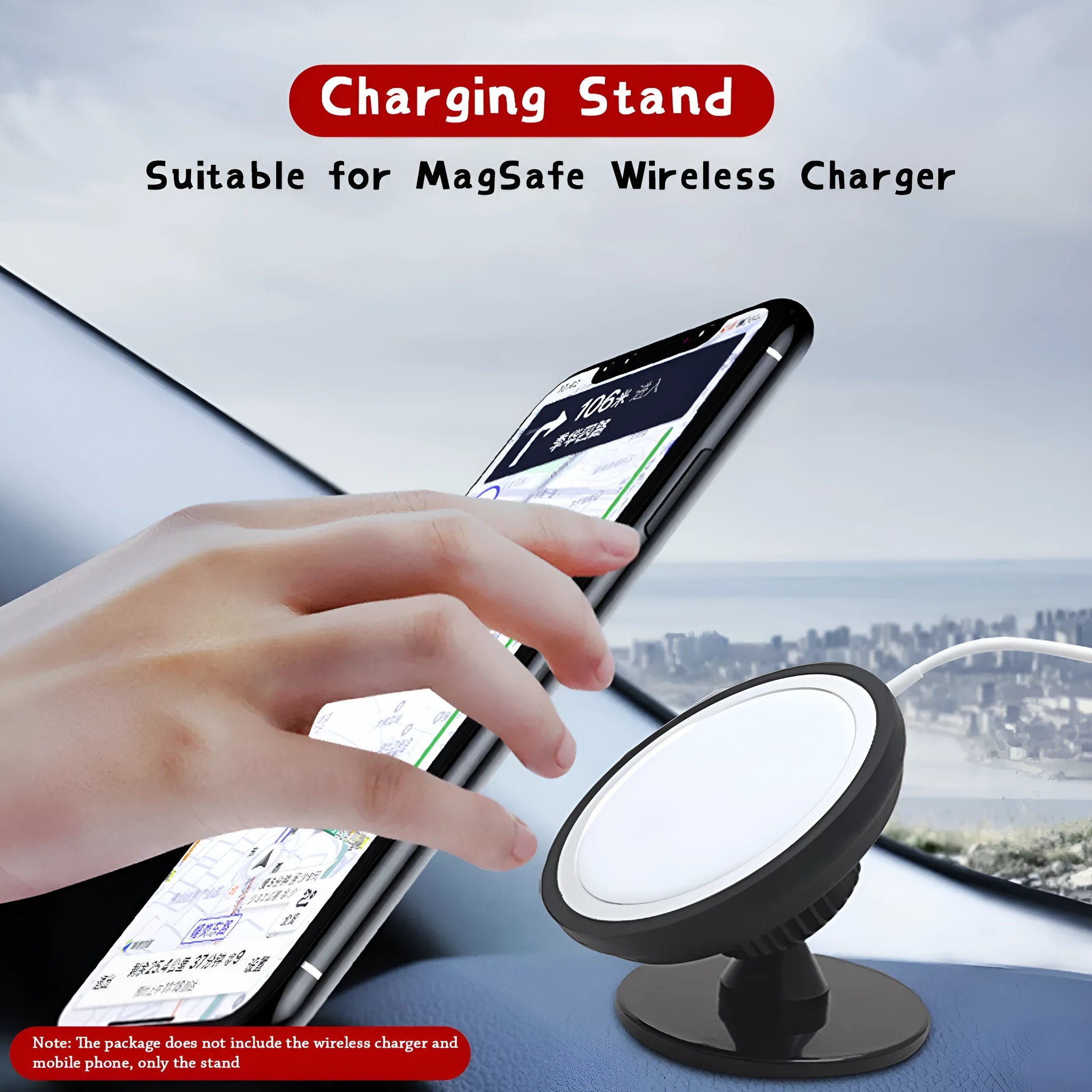 Black magnetic car phone holder mounted on vehicle air vent with smartphone attached