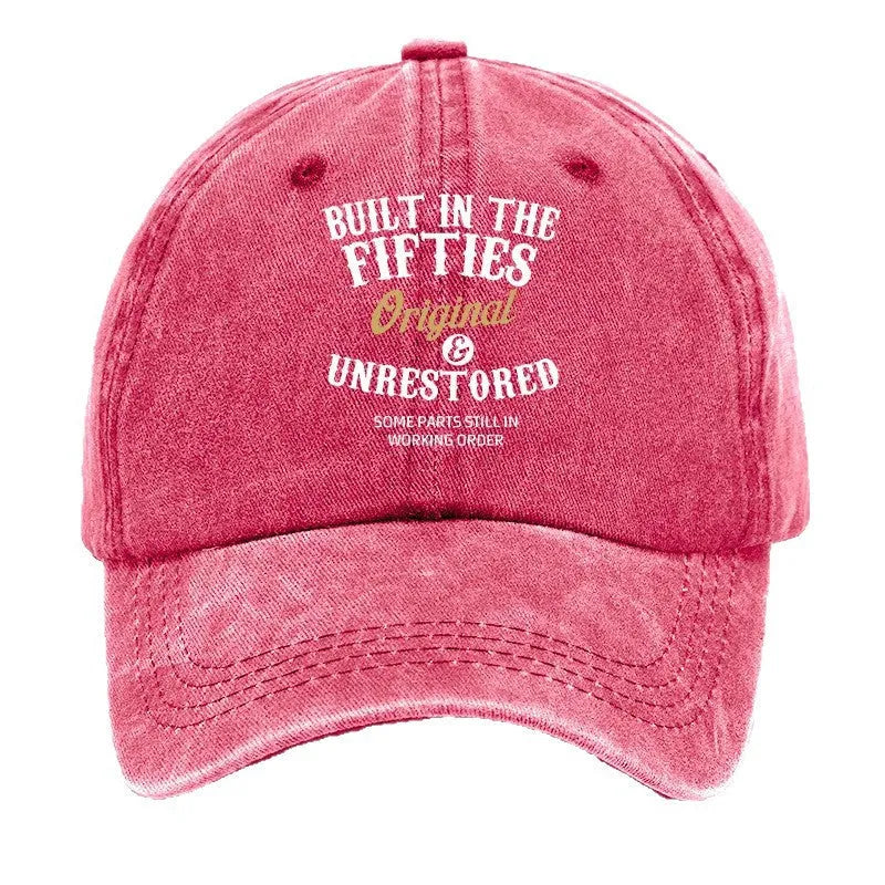 Washed print denim baseball cap with dome crown in retro style, available in multiple colours