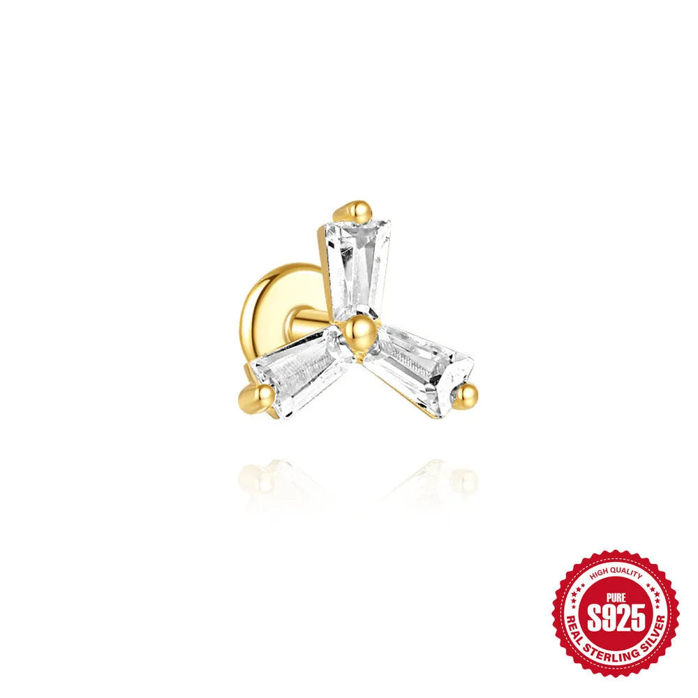 Golden geometric S925 sterling silver stud earrings with zircon inlays, showing clover, crown, and chain horse eye designs.