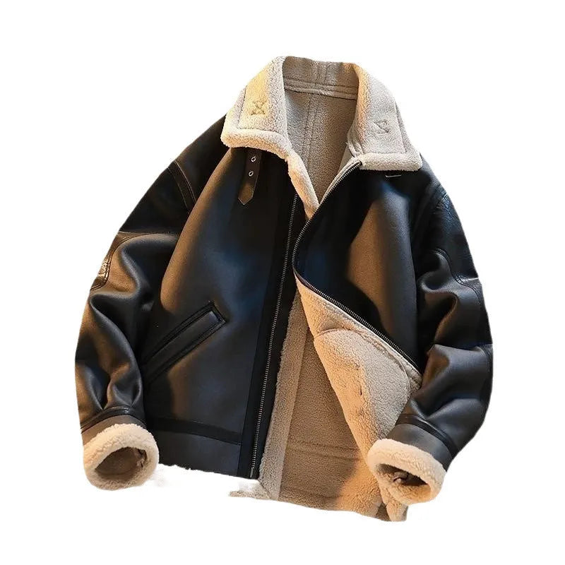 Men's Winter Fleece Cashmere Leather Coat Casual Solid Colour Polyester Jacket Black Dark Brown Sizes M L XL 2XL 3XL Teenagers Adults Male Casual Wear Outerwear