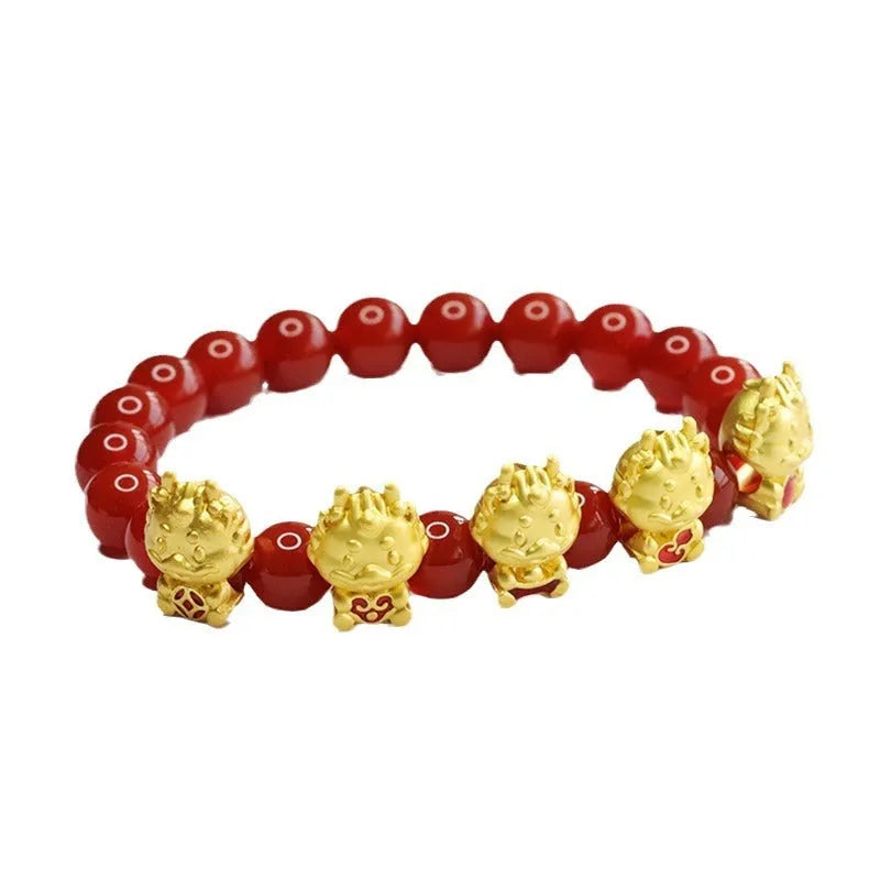 Natural red agate bracelet with Five Blessing Dragon design measuring 8mm diameter