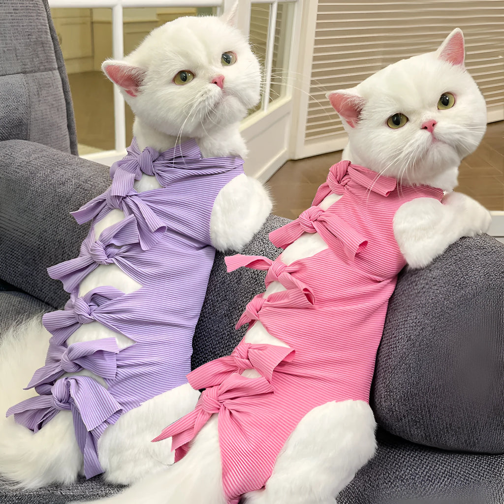 Lace-up cat sterilisation recovery clothing in polyester, shown in various colours and sizes.