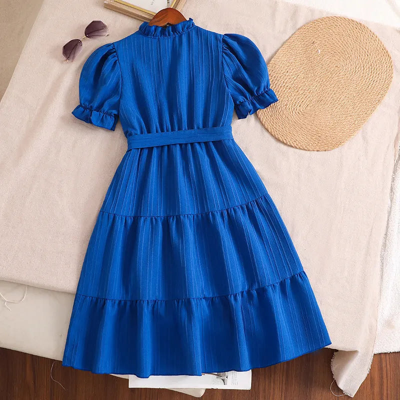 Girls' blue V-neck puff sleeve lace-up dress with A-line skirt, cotton blend, for ages 8-11