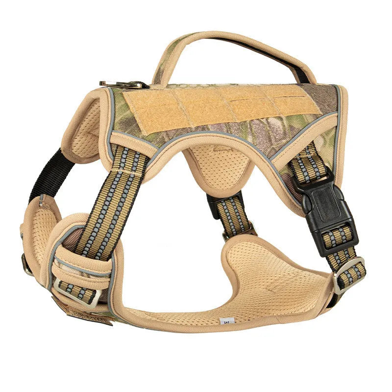 Black Oxford cloth tactical chest strap for a large search and rescue working dog.