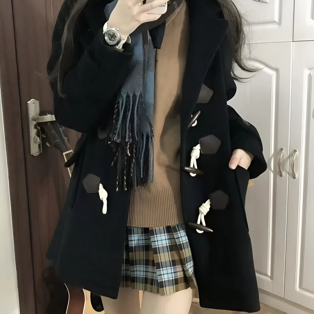 Japanese JK hooded horn button woolen coat in solid colour, loose fit, black, women's overcoat