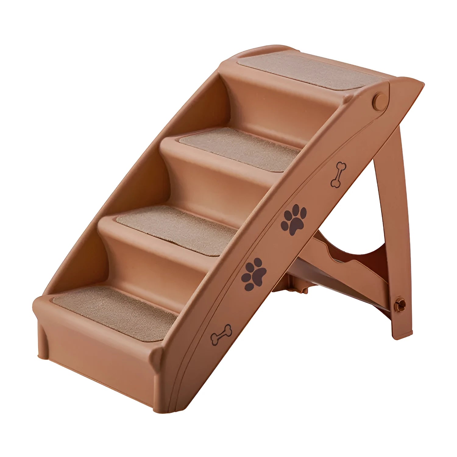 Foldable plastic pet stairs with three steps and non-slip mats in light coffee colour