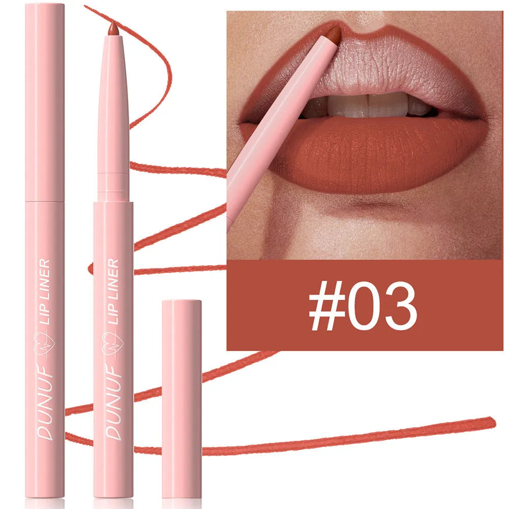 Twelve velvet matte lip liner pencils in a row showing different shades from a 12-colour collection.