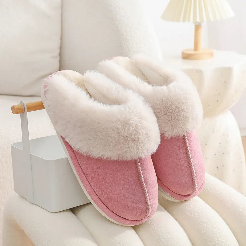 Women's round-toe plush slippers in multiple colours with a non-slip PVC sole.