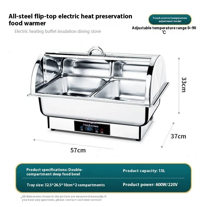 Stainless steel transparent flip buffet stove with LCD temperature control showing multiple grid configurations