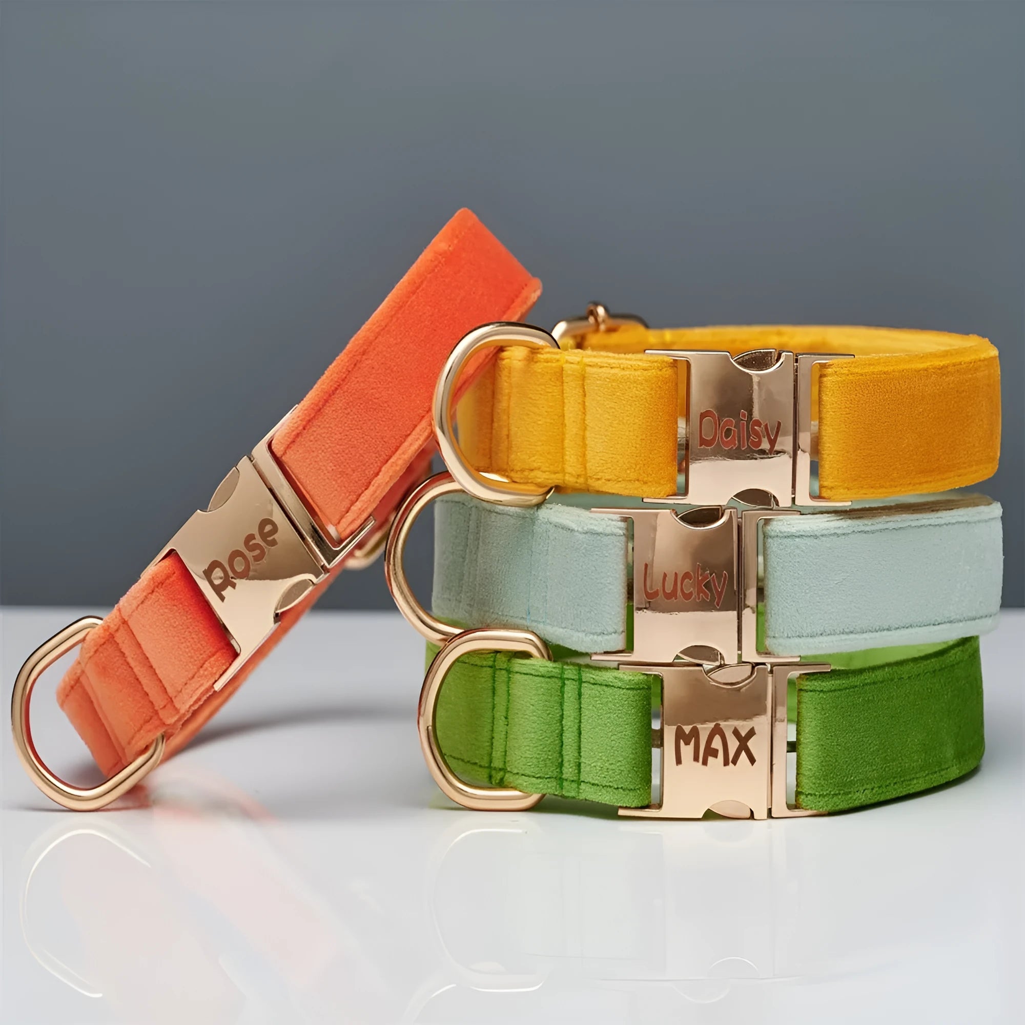 Wool striped dog collar and leash set in coral orange with anti-lost engraving on white background