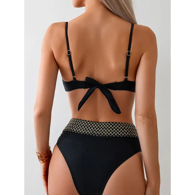 Black European and American style bikini swimsuit with high elasticity polyester construction