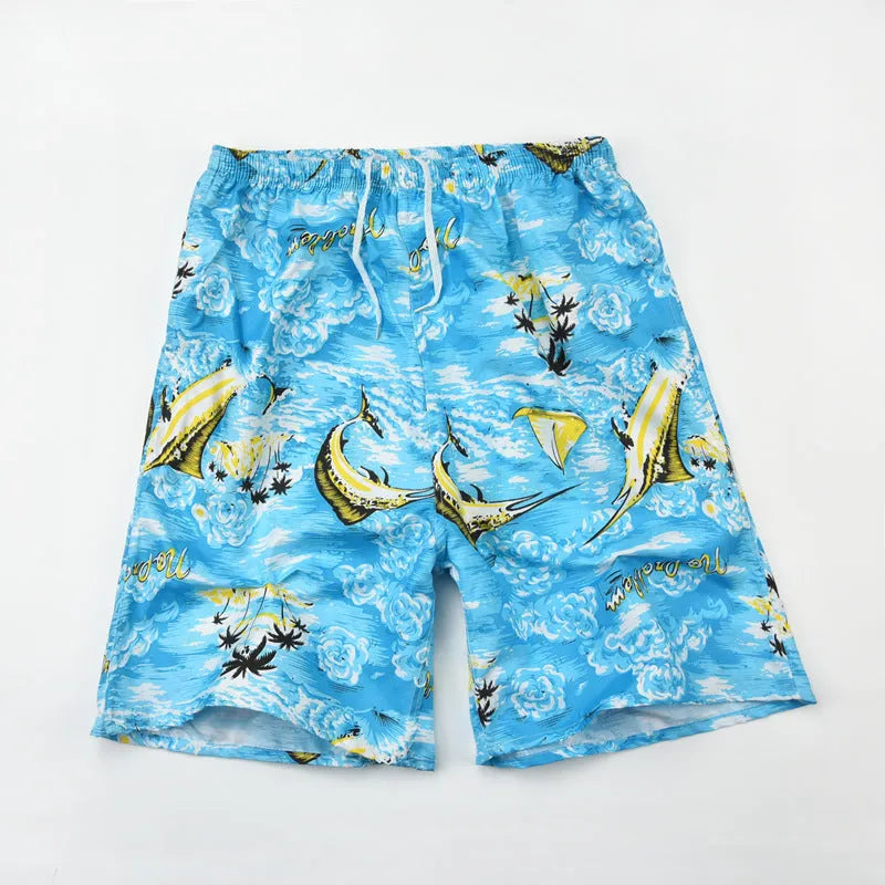 Men's floral print five-point swimming trunks in polyester fabric, free size