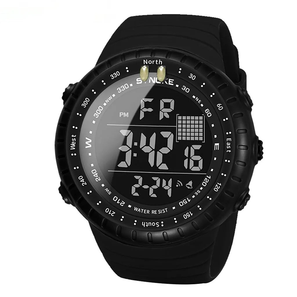Black waterproof electronic outdoor watch with 54.74mm dial and WR50M water resistance rating