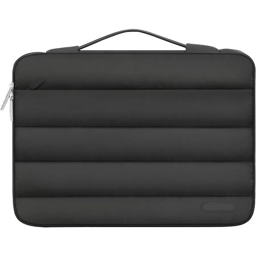 Cotton velvet laptop storage bag in black with plaid pattern, shown next to a laptop.