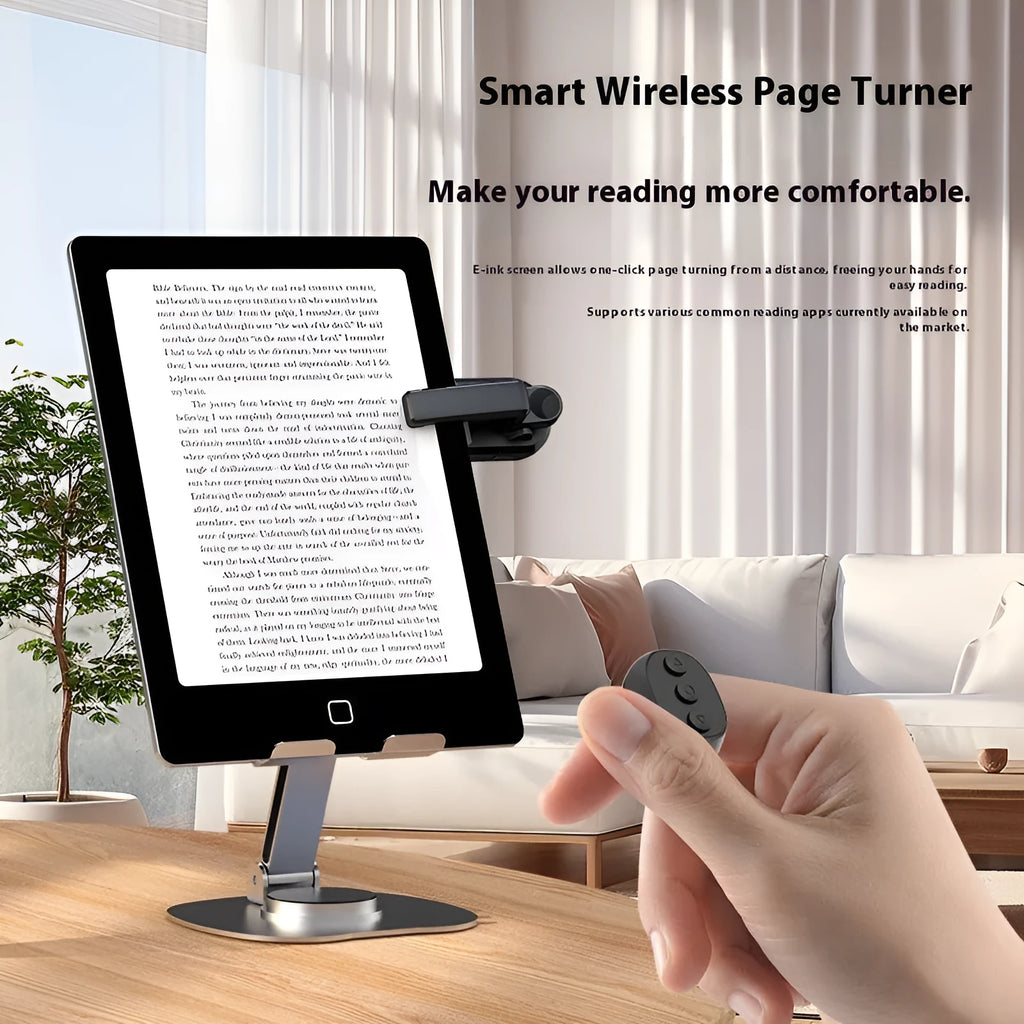 Smart wireless page turner remote control and clicker in black, white, or pink colour options.