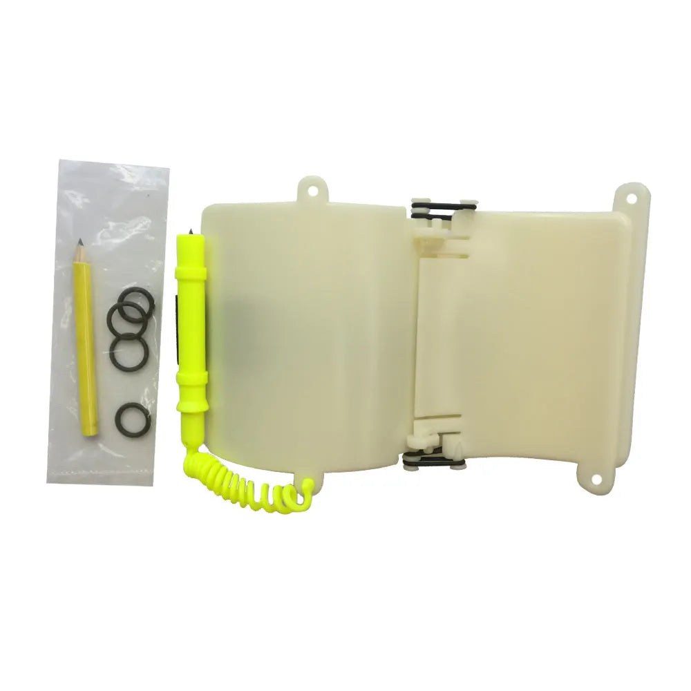White luminous diving wristboard with writing surface and integrated pencil for underwater communication
