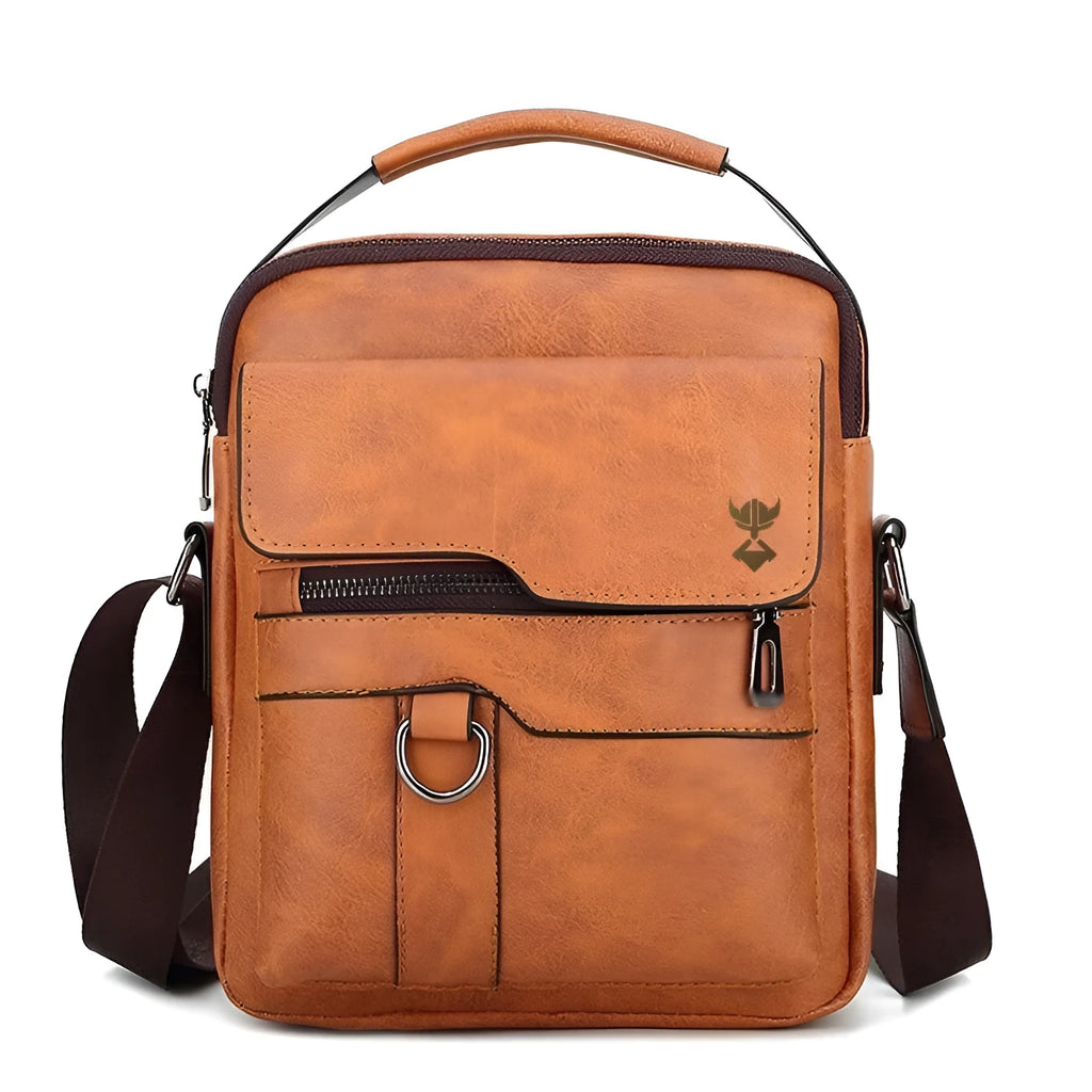 Khaki PU leather men's casual shoulder bag with internal organiser pockets and zipper opening