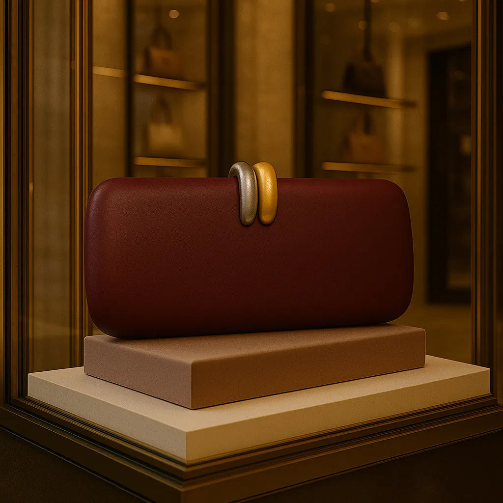 PU leather oval crossbody clutch bag with chain detail in wine red colour