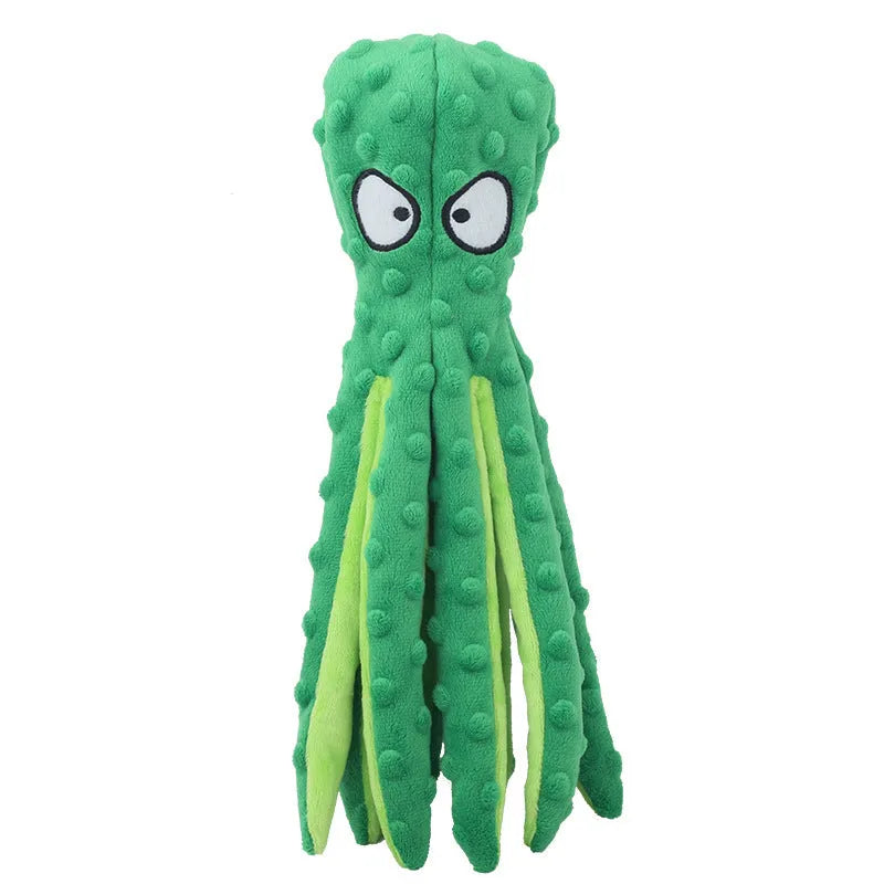 Blue octopus dog squeaky toy with no stuffing measuring 32cm long