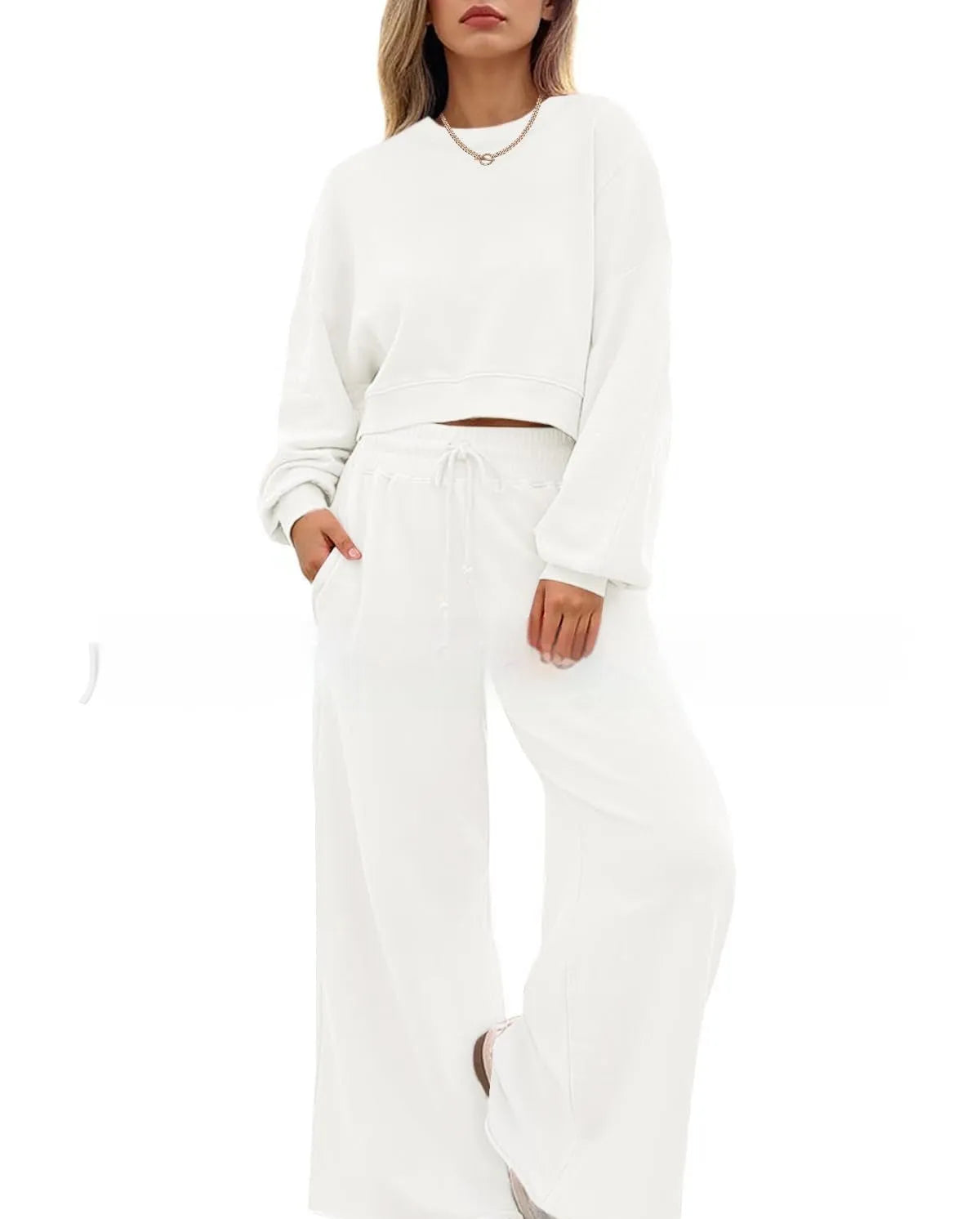 Women's solid colour polyester two-piece trouser set with long sleeve top and matching trousers in street hipster style