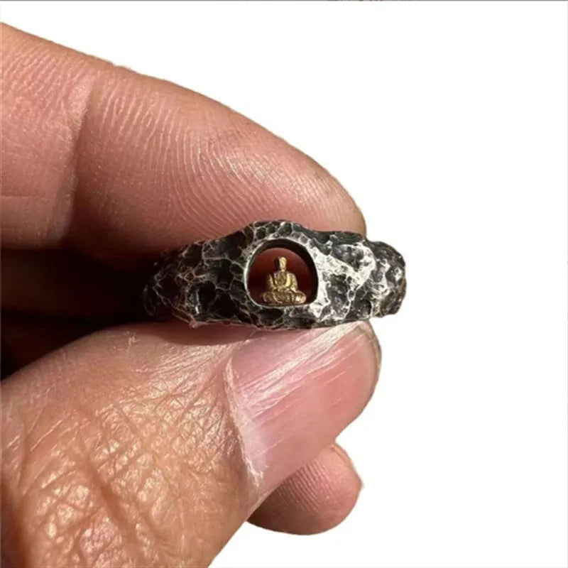 Hand-forged copper Grotto Buddha ring with rock texture, shown in size No. 8