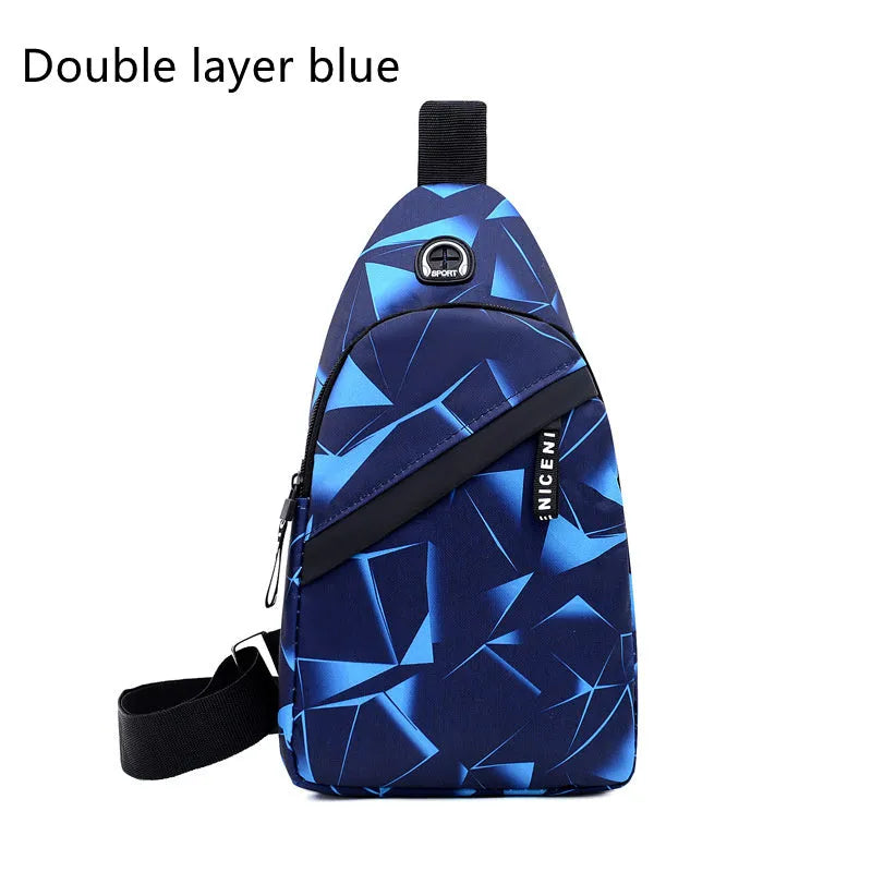 Blue Oxford cloth crossbody sling bag with earphone hole and zipper pocket.