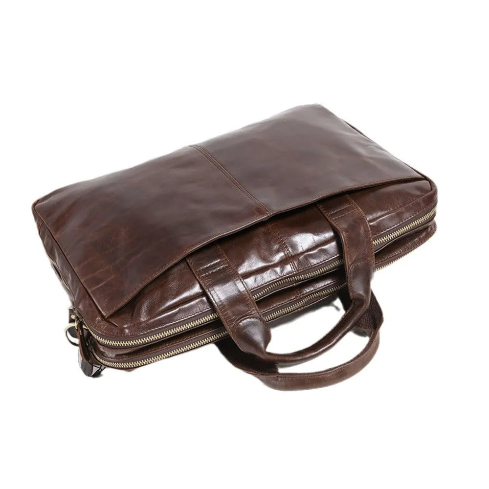 Brown 18 inch men's business briefcase made from first layer cowhide leather