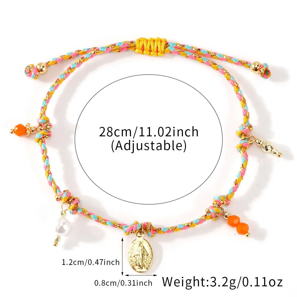 Close-up of a colourful hand-woven braided rope bracelet for women in ethnic style.