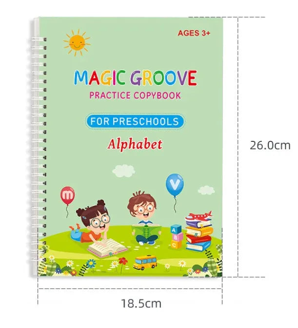 English children's groove magic practice set with double-sided notched post book, pen, and ten pen refills for calligraphy control training