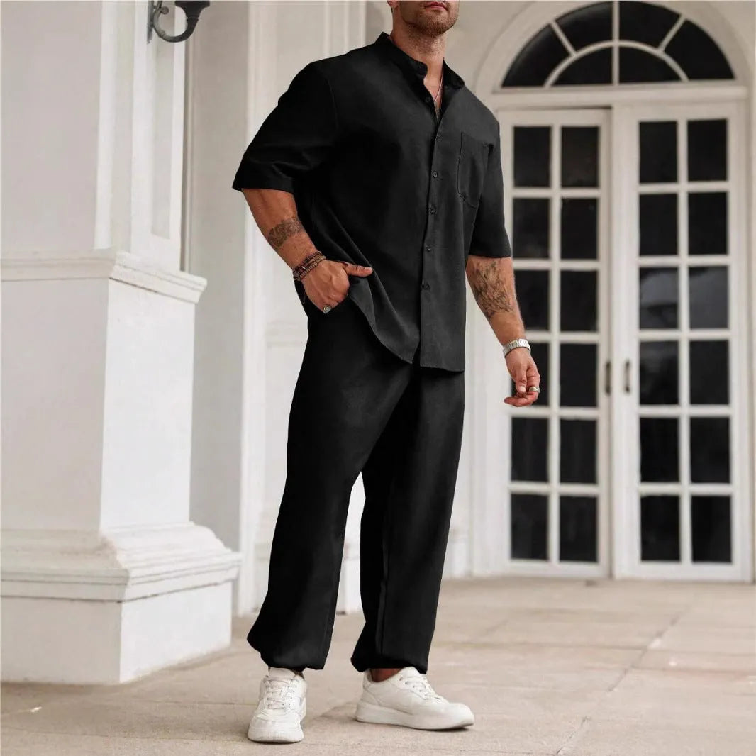 Men's casual cotton linen trousers set with short-sleeved shirt in three colour options